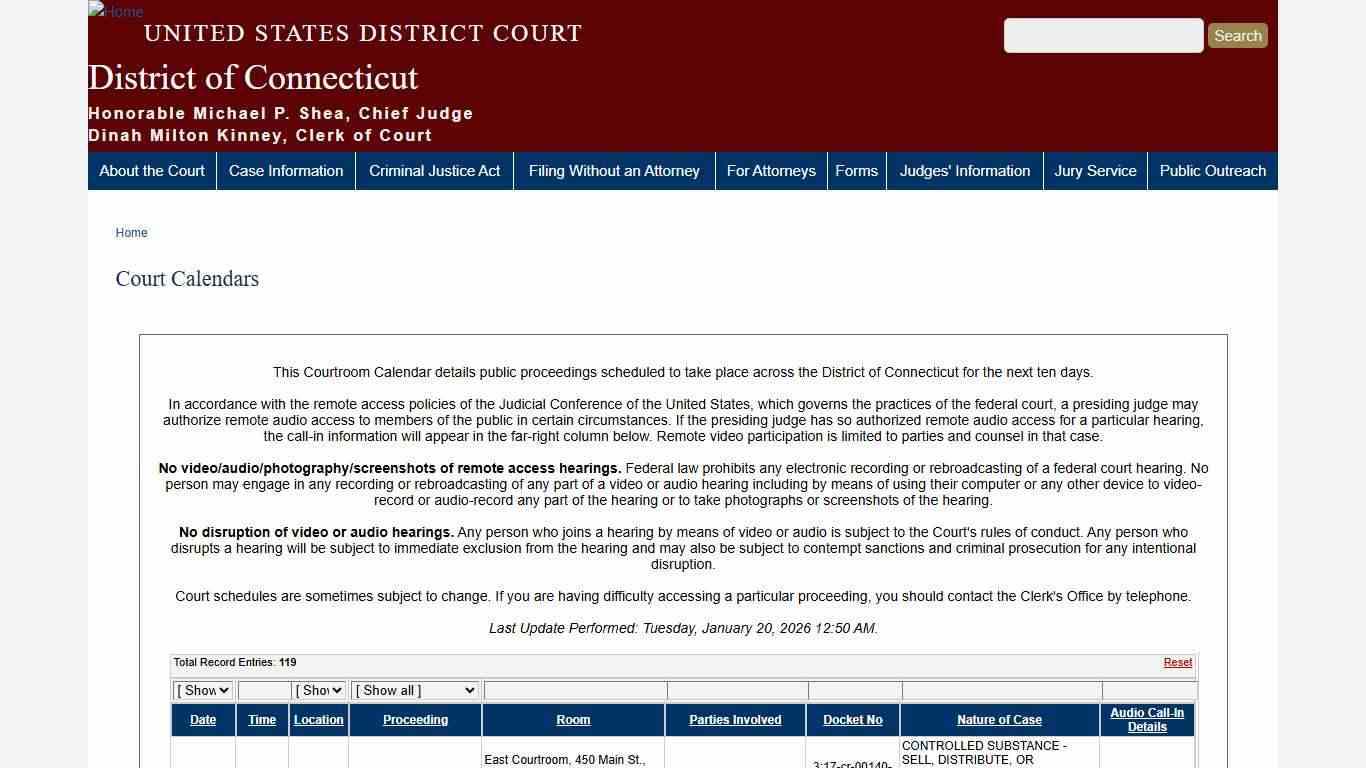 Court Calendars | District of Connecticut | United States District Court